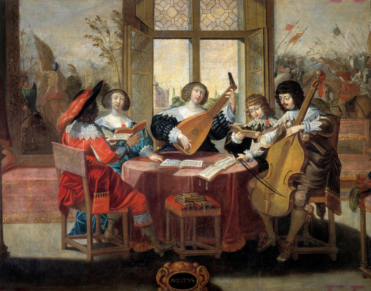Az öt érzékszerv: hallás Nemes emberek csoportja, amely egyesült zenélni és énekelni. Abraham Bosse (1602-1676) festménye. 17. század. Túrák, Szépművészeti Múzeum alkotó: Abraham (after) Bosse