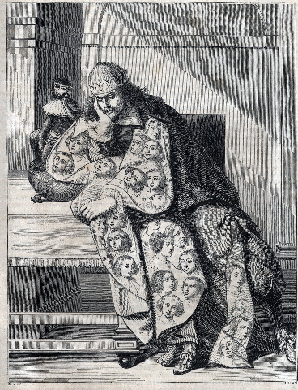 A rosszindulattal tömött férfi: egy dupla női kabátos férfi meditál egy majommal az oldalán. Abraham Bosse (1604-1676) nyomatának reprodukciója. alkotó: Abraham (after) Bosse