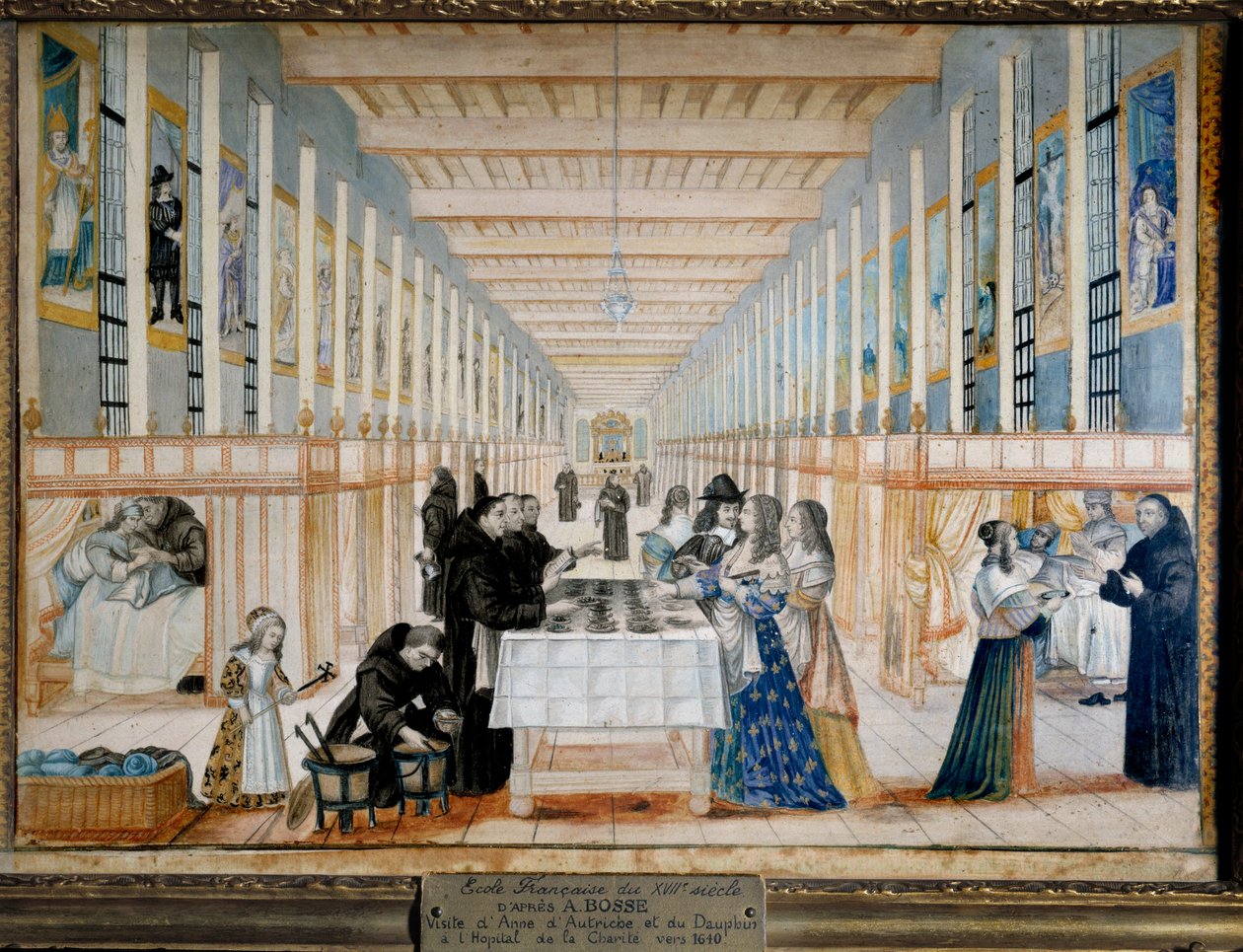 Kilátás a Charite Kórházra (Charity Hospital, más néven Saint-Jean-de-Dieu Bros Hospital) Párizsban, Osztrák Anna (1601-1666), Spanyolország csecsemője, Franciaország és Navarra királynője látogatása során. XIV. Lajos leendő delfinkirálya is repres alkotó: Abraham (after) Bosse