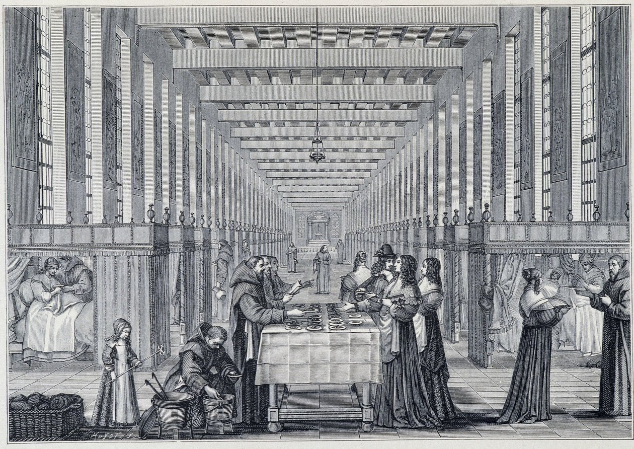A párizsi Hôital de la Charite (a Freres-de-Saint-Jean-de-Dieu kórházának is nevezik) gyengélkedőjének belső képe - Abraham Bosse (1602-1676) metszet - megjelent a „” 17. század - Intézmények: szokások és viseletek, Franciaország 1590-1 alkotó: Abraham (after) Bosse