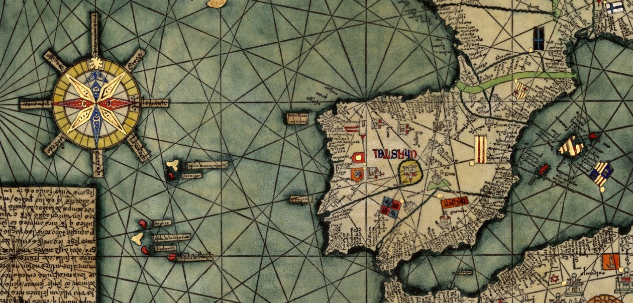 Részlet a katalán atlaszról, az 1375-ben készült eredeti másolata (toll és színes tinták pergamenen) alkotó: Abraham (after) Cresques