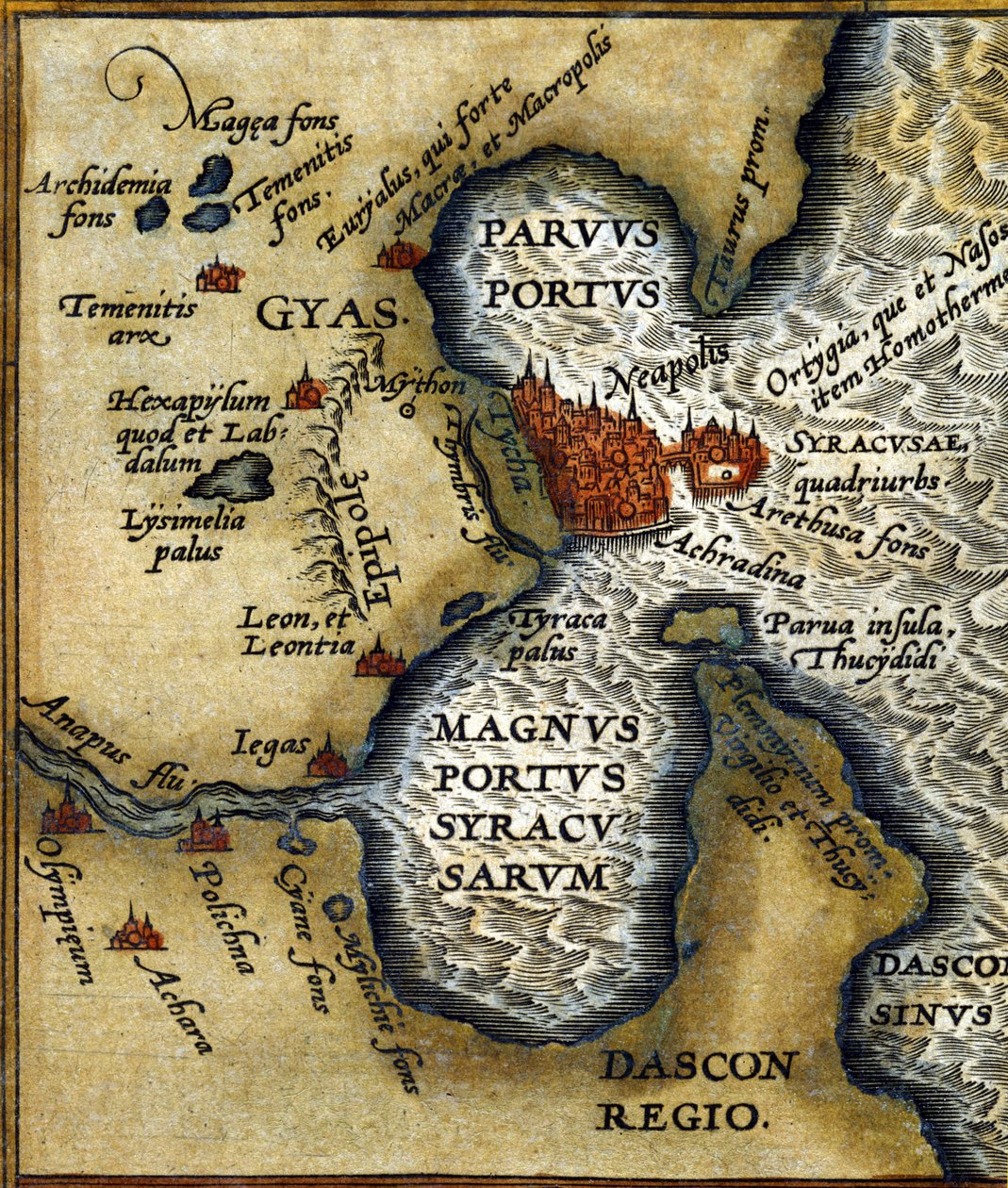 Szirakúza ősi kikötője Szicíliában Ábrahám Ortelius „atlaszja” után alkotó: Abraham (after) Ortelius