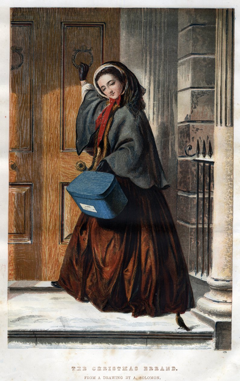 Karácsonyi versenyek: egy elegáns fiatal nő, csomaggal a kezében kopogtat a ház ajtaján, Ábrahám Salamon (1824-1862) rajzának illusztrációja alkotó: Abraham (after) Solomon