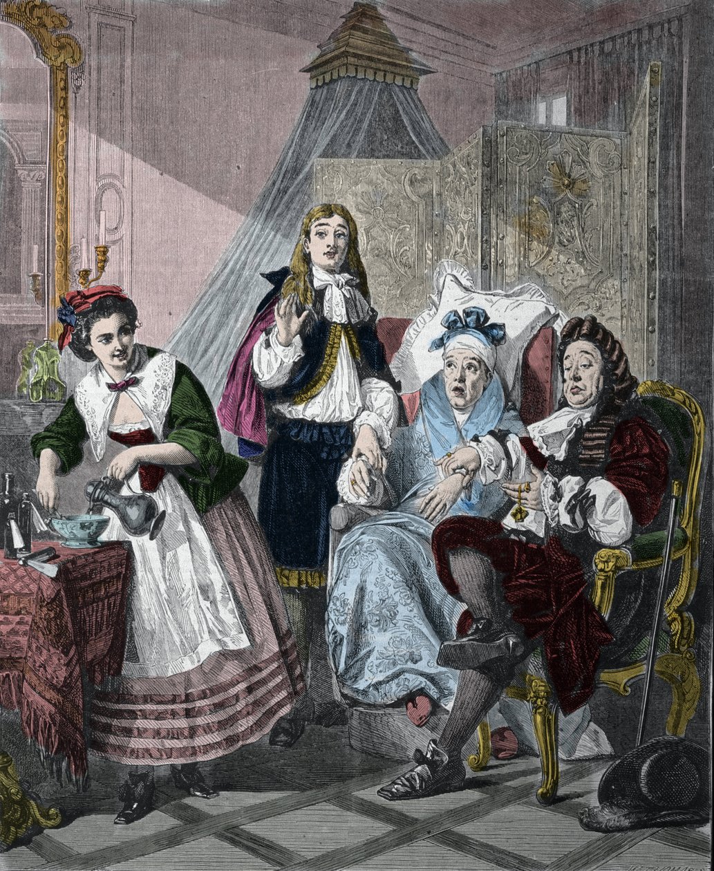 Jean-Baptiste Poquelin "Le Malade imaginaire" című filmje Moliere (1622-1673): 9. jelenet, II. felvonás. Metszet Abraham Solomon (1824-1862) 1861-es festménye után. alkotó: Abraham (after) Solomon