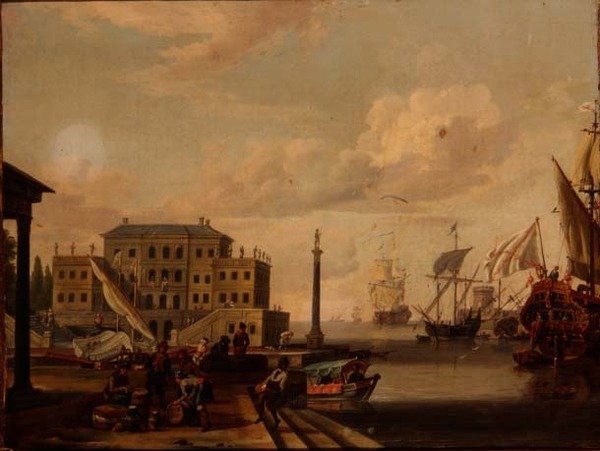Egy mediterrán kikötő capriccioja kereskedőkkel és horgonyzó hajókkal alkotó: Abraham (follower of) Storck