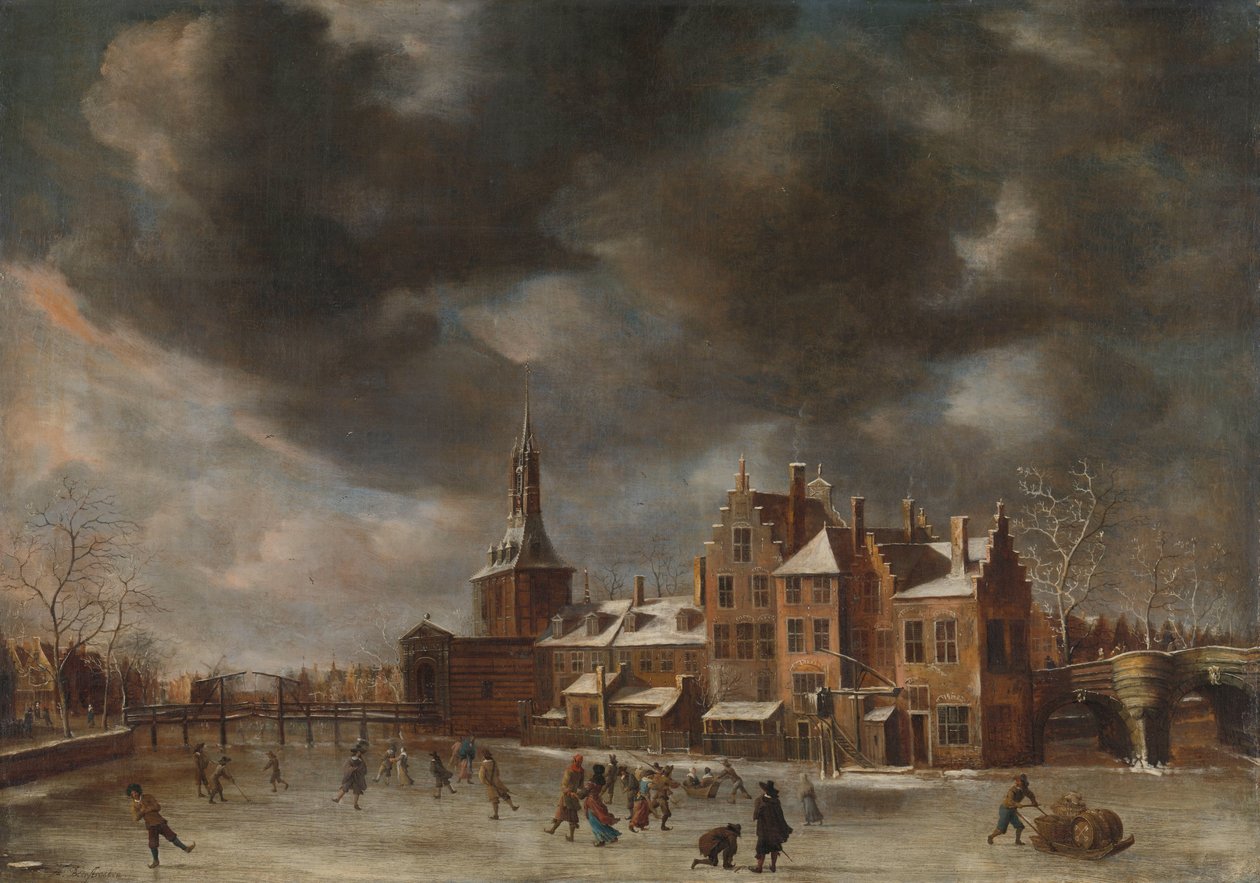 A Blauwpoort Leidenben télen alkotó: Abraham Beerstraten