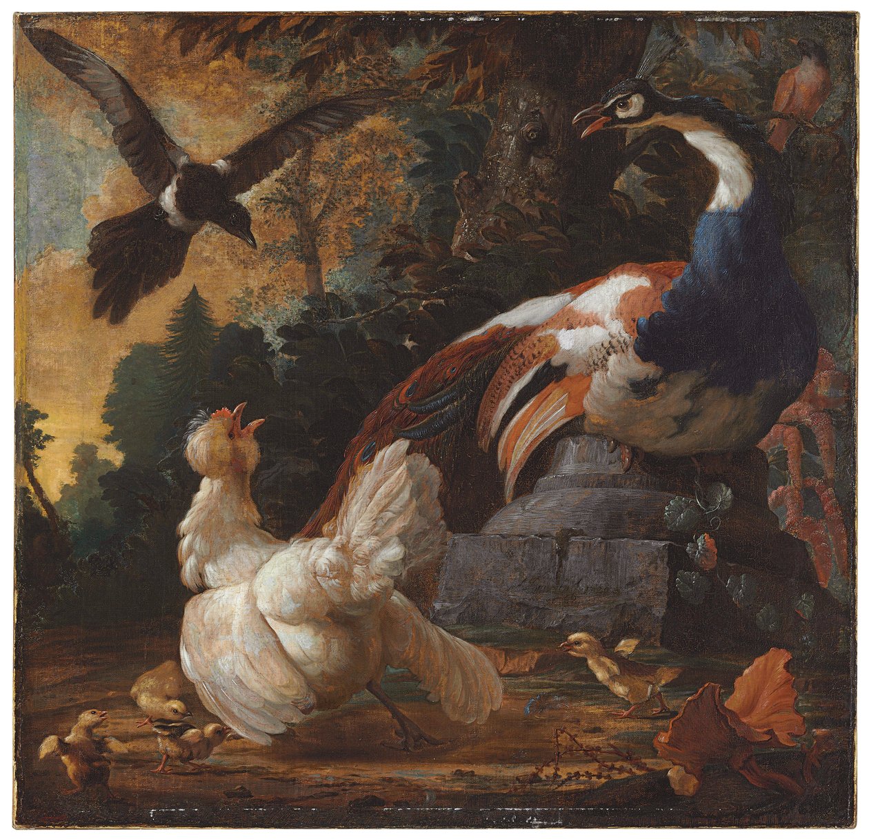 Páva, baromfi és szarka egy tájban, 1720 alkotó: Abraham Bisschop