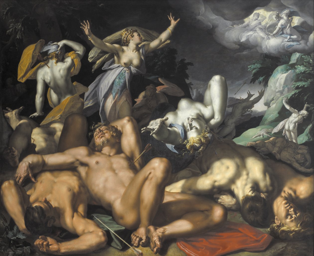 Apollo és Diana megbüntetik Niobét a gyermekei megölésével alkotó: Abraham Bloemaert