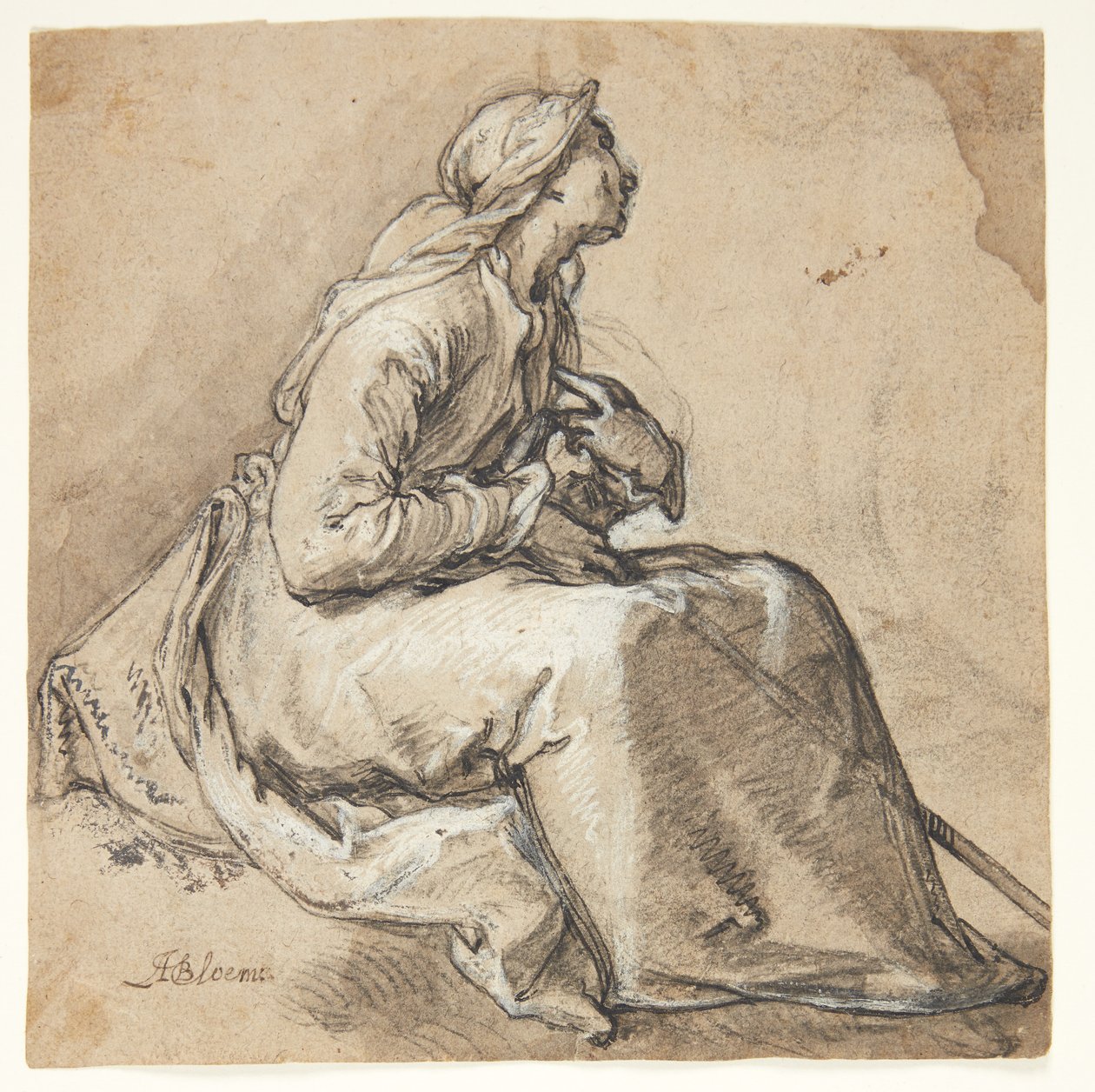 Egy ülő nő jobbra fordulva, imádságos alázattal alkotó: Abraham Bloemaert