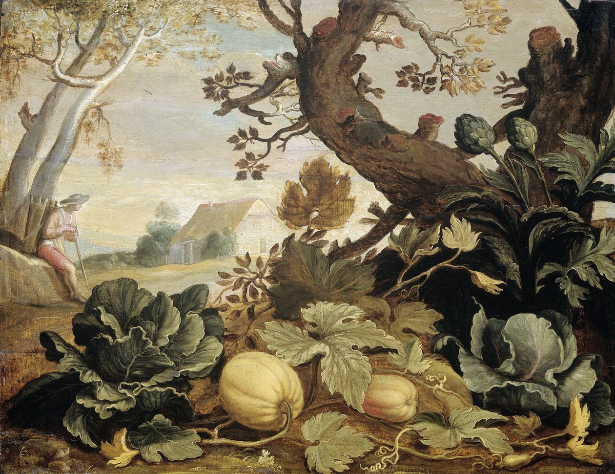 Táj, gyümölcsök és zöldségek az előtérben alkotó: Abraham Bloemaert