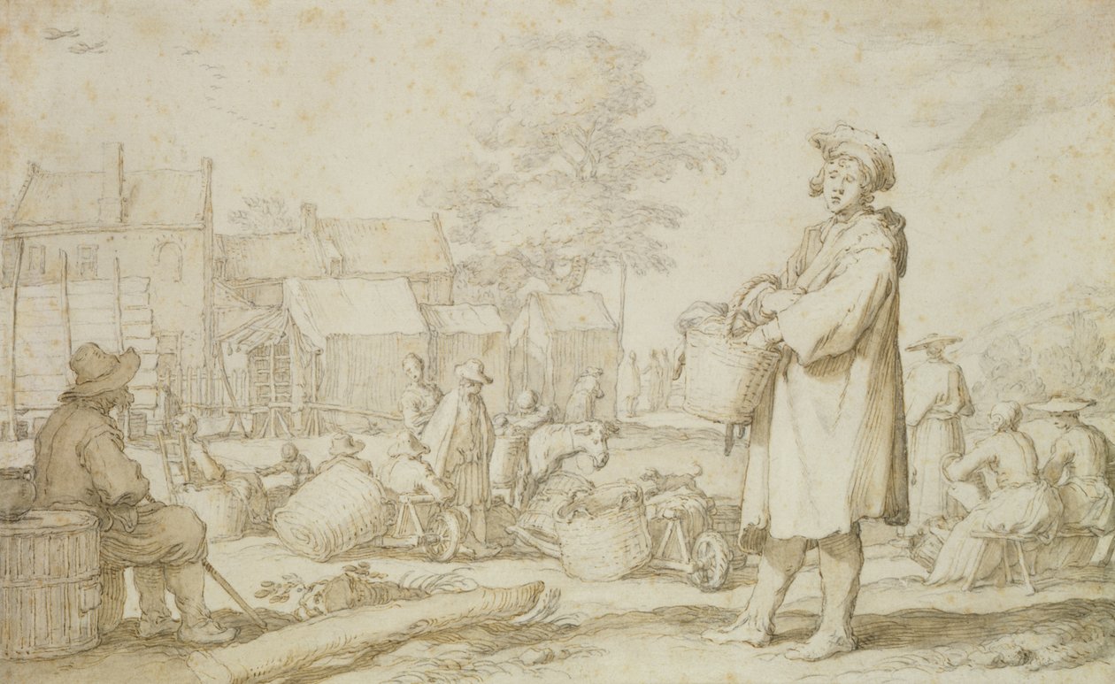 Piaci jelenet (toll és tinta papíron) alkotó: Abraham Bloemaert