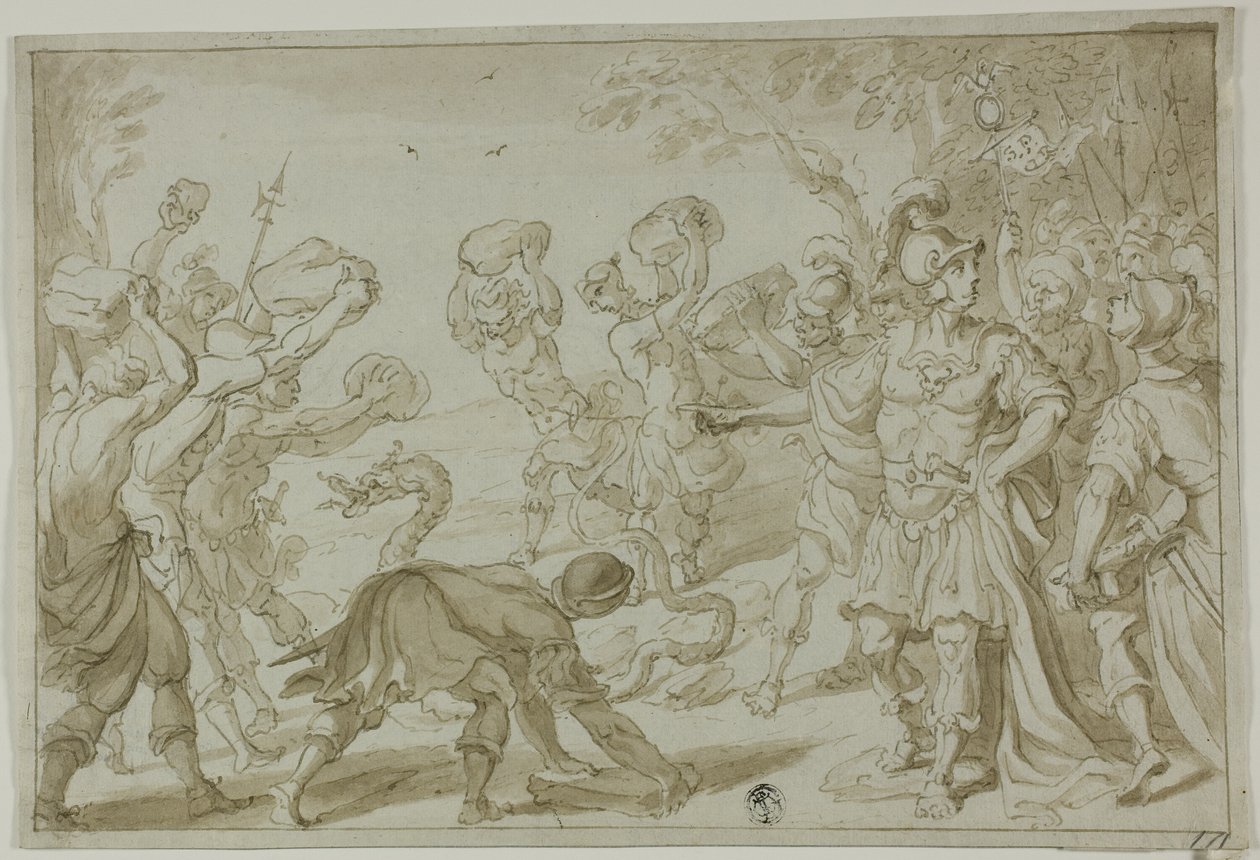 Római katonák megköveznek egy kígyót alkotó: Abraham Bloemaert
