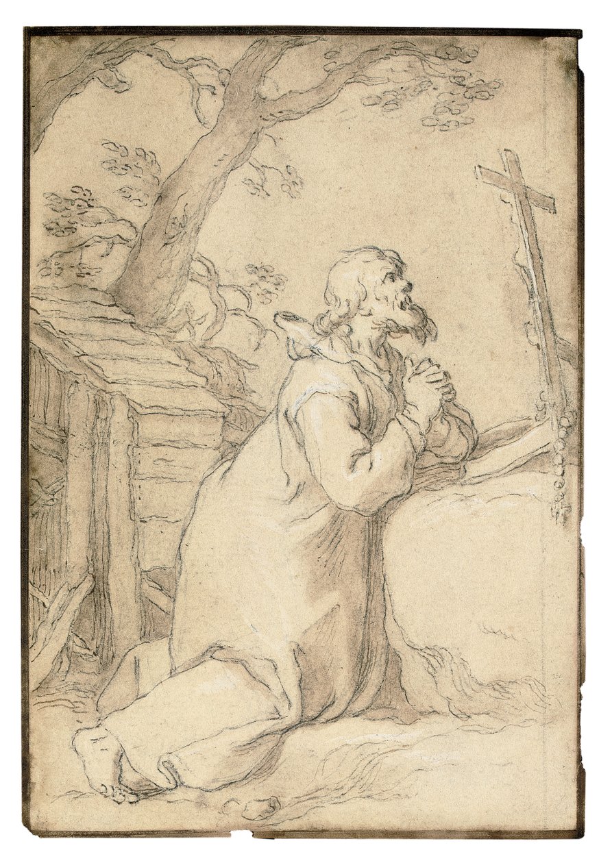 Phermae-i Szent Pál a feszület előtt térdelve imádkozik (fekete kréta, toll és barna tinta, barna mosás) alkotó: Abraham Bloemaert