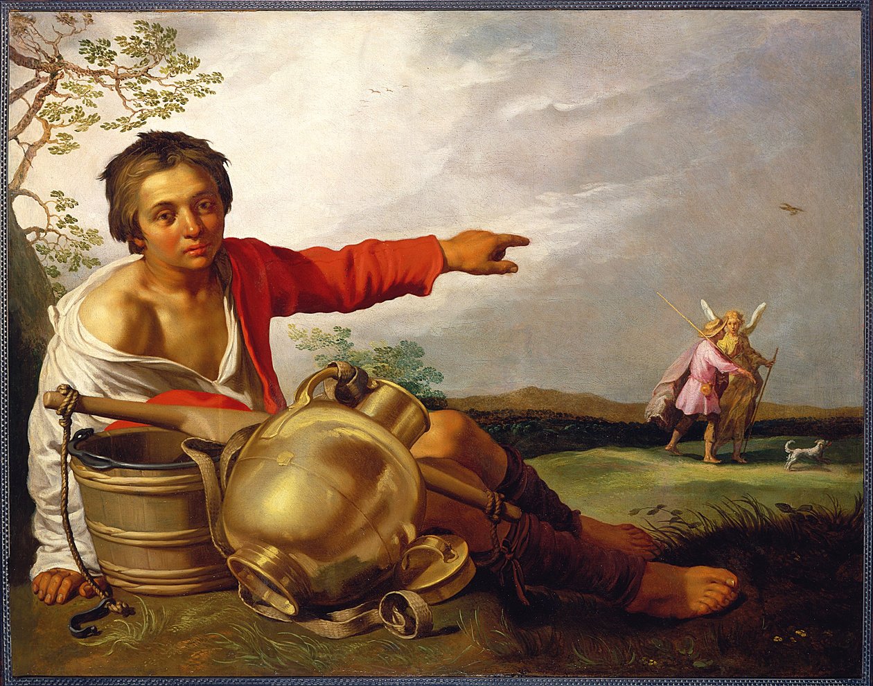 Pásztorfiú Tóbiásra és az angyalra mutatva alkotó: Abraham Bloemaert