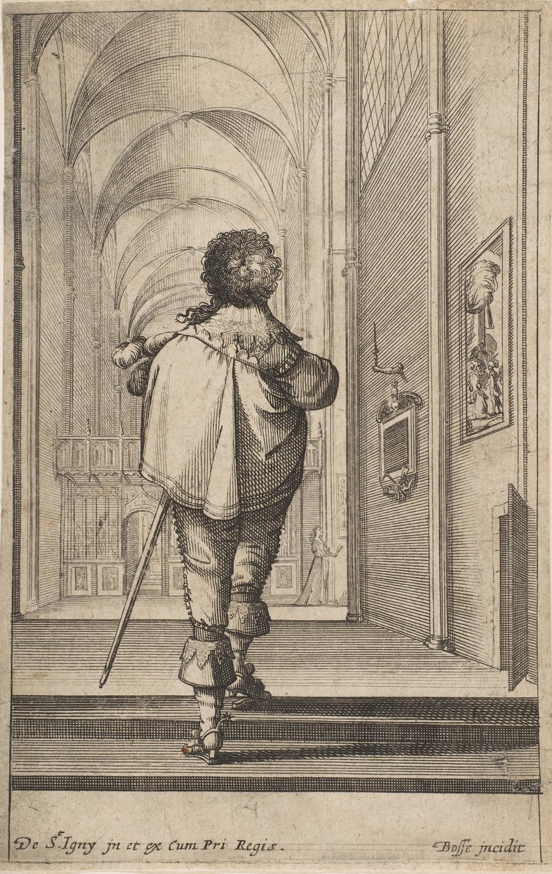 Egy úriember hátulról besétál egy templomba, kb. 1629. alkotó: Abraham Bosse