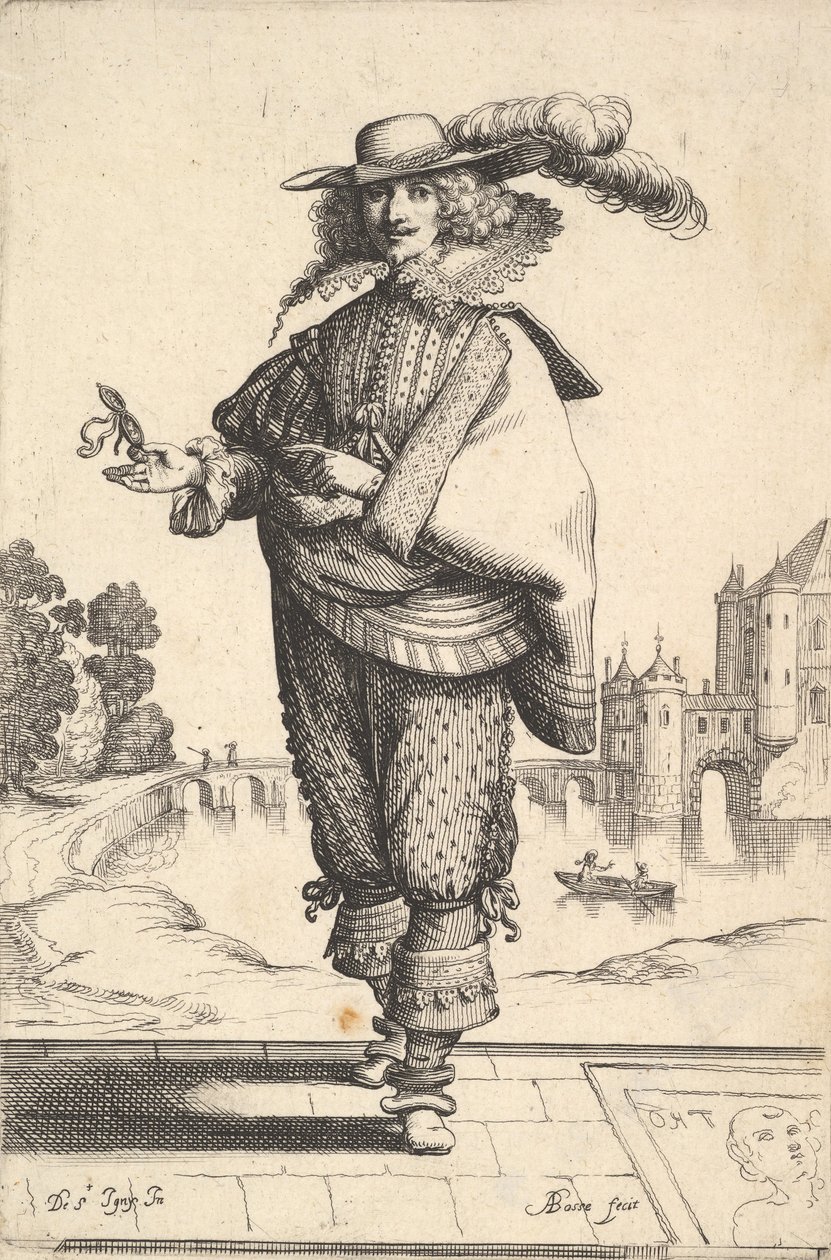 Egy nagy kastély előtt álló úriember tollas kalapban és csipkegallérban..., 1629. alkotó: Abraham Bosse