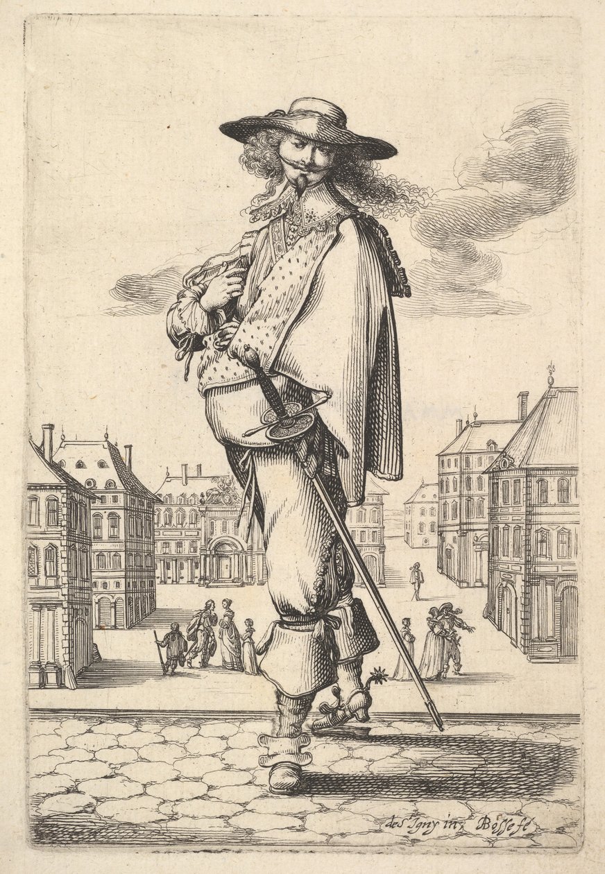Háromnegyed balra fordult úriember, kalapban, sarkantyús csizmában, hordó..., 1629. alkotó: Abraham Bosse