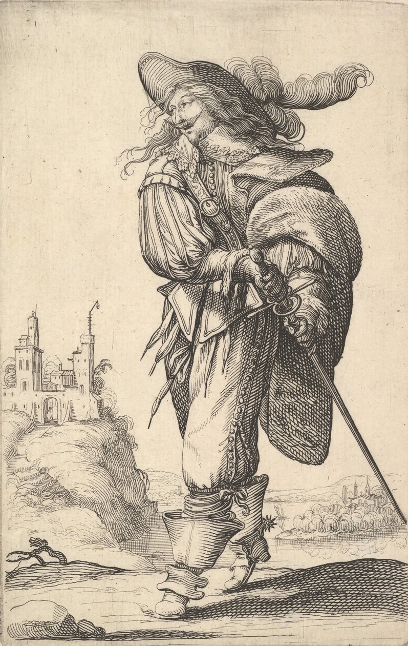 Egy úriember balra sétál, kardját kirántja a hüvelyből, plüss..., 1629. alkotó: Abraham Bosse