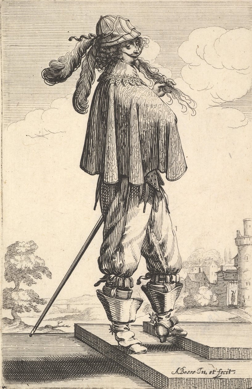 Rövid kabátot, sisakot, sarkantyús csizmát viselő úriember a lépcsőn állva..., 1629. alkotó: Abraham Bosse