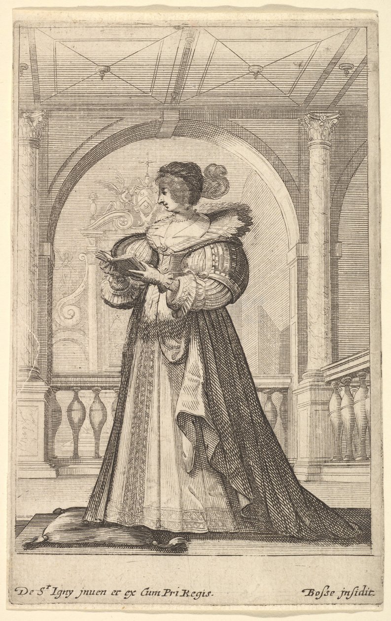 Egy nő áll, profilból balra néz, sapkát és csipkegallért visel, olvas..., kb. 1629. alkotó: Abraham Bosse