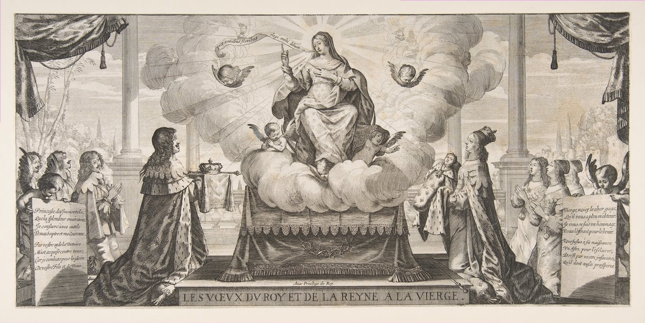 Almanach 1639-re: XIII. Lajos és Osztrák Anna megbízza a királyságot és a herceget..., 1639. alkotó: Abraham Bosse