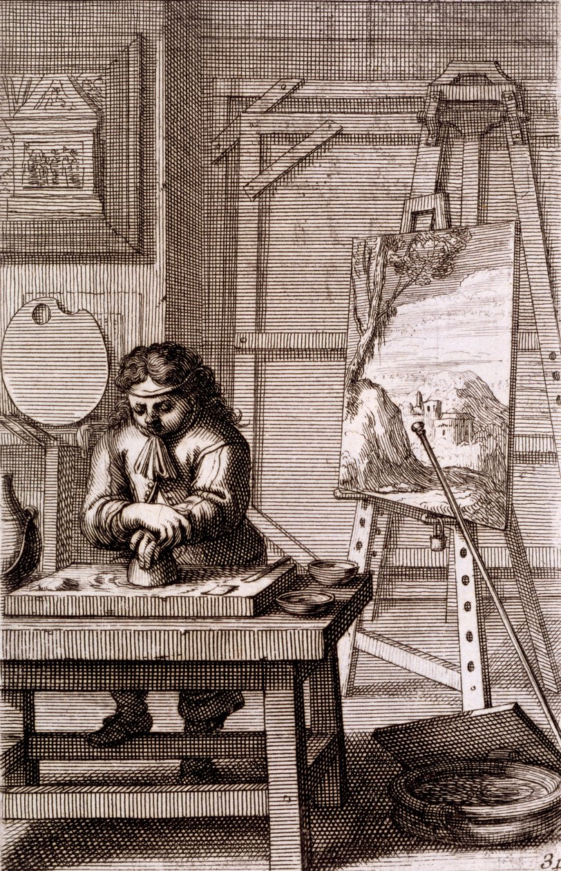 Egy művésztanonc metszettáblát takarít, a "Recueil de Figures..."-ből, 1737 alkotó: Abraham Bosse