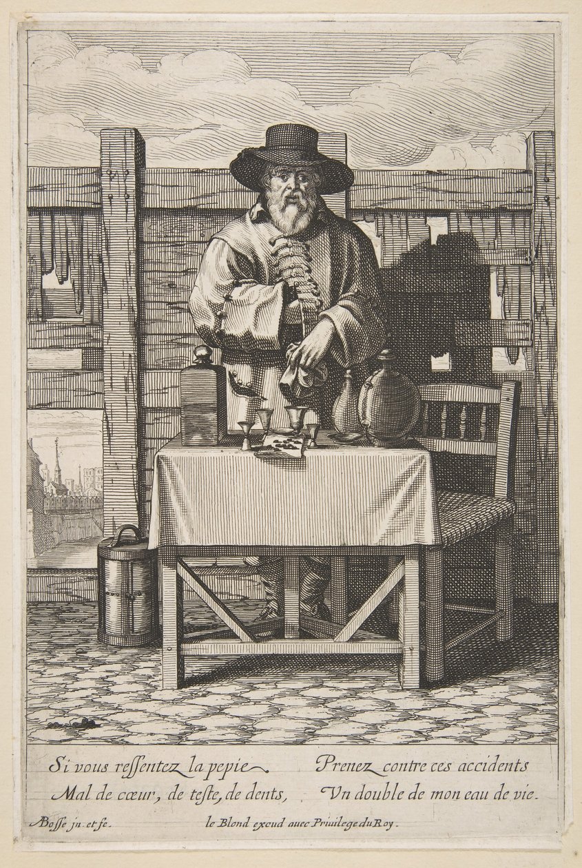 Pálinka- vagy kúraeladó, a 17. század közepe-vége. alkotó: Abraham Bosse