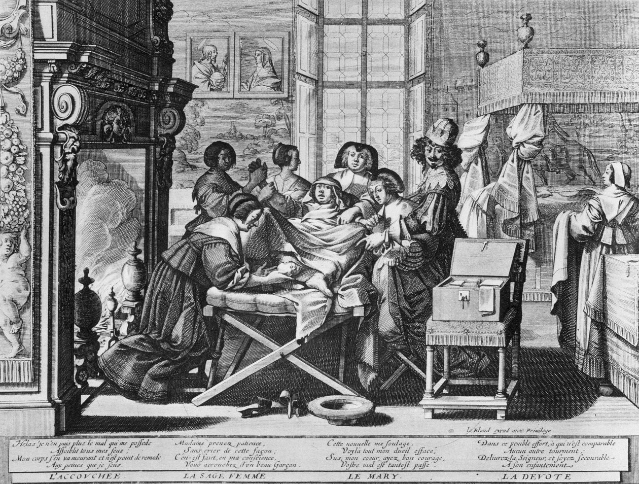 Abraham Bosse „” Házasság a várossal”” című metszetsorozat (water forte) 1633-ból – „” Szülés””: a munkaágyon. alkotó: Abraham Bosse