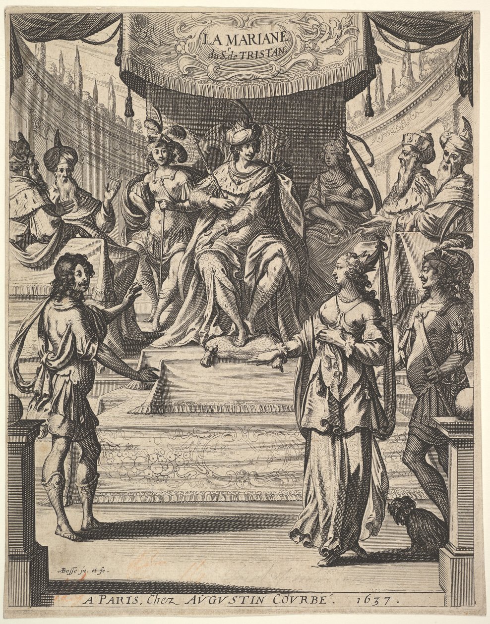 Tristan LHermite homlokzata: Marianne jobbra áll Heródes és útja előtt, 1637. alkotó: Abraham Bosse