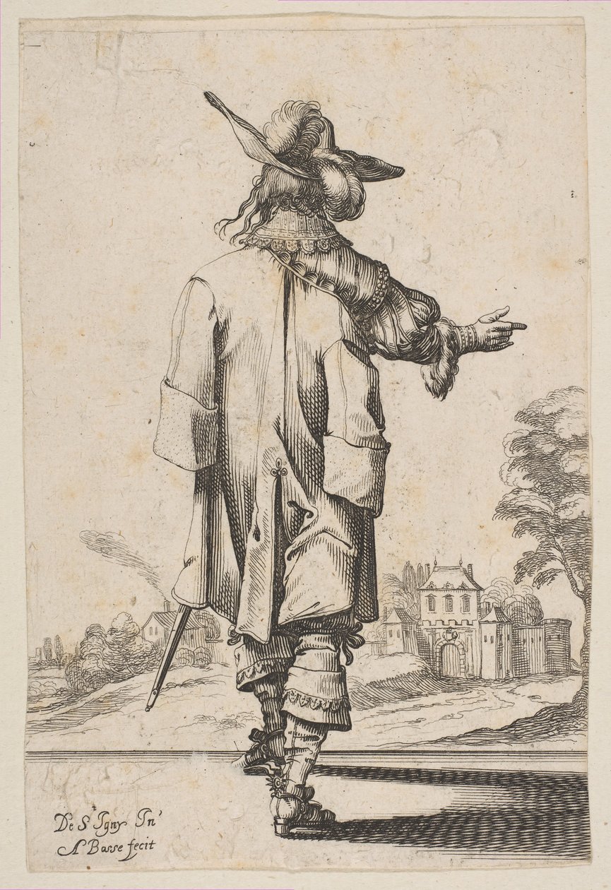 Úriember hátulról egy kastély felé mutatva, 1629. alkotó: Abraham Bosse