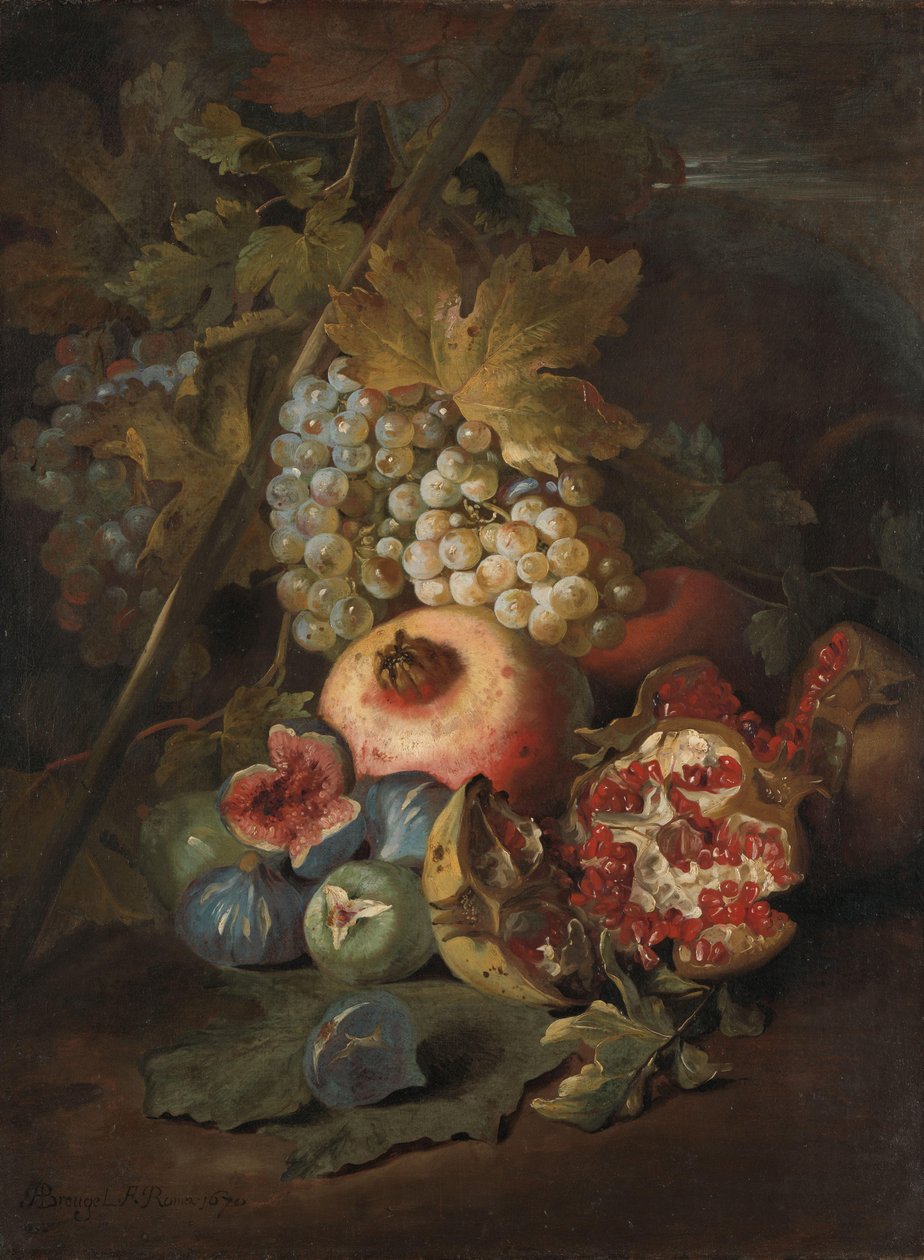 Szőlőfürtök, gránátalma és füge a tájon alkotó: Abraham Brueghel