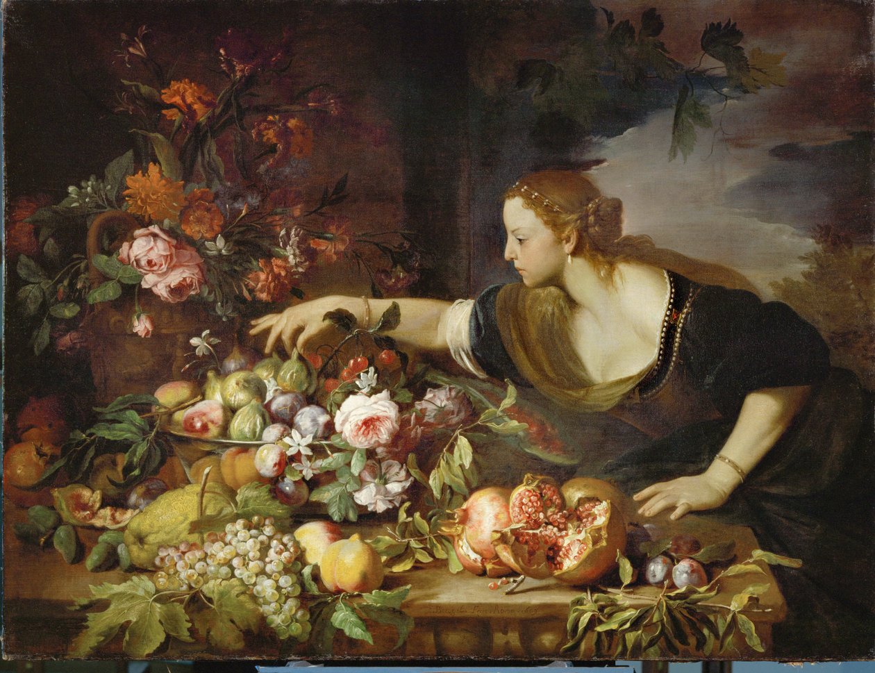 Femme prenant des fruits - gyümölcsöt szedő nő ... alkotó: Abraham Brueghel