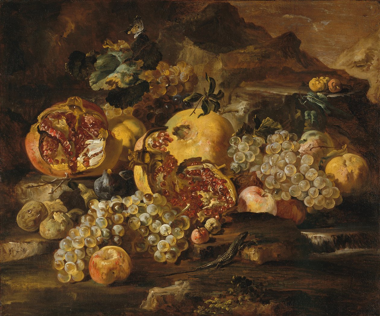Gránátalma és egyéb gyümölcsök egy tájban. alkotó: Abraham Brueghel