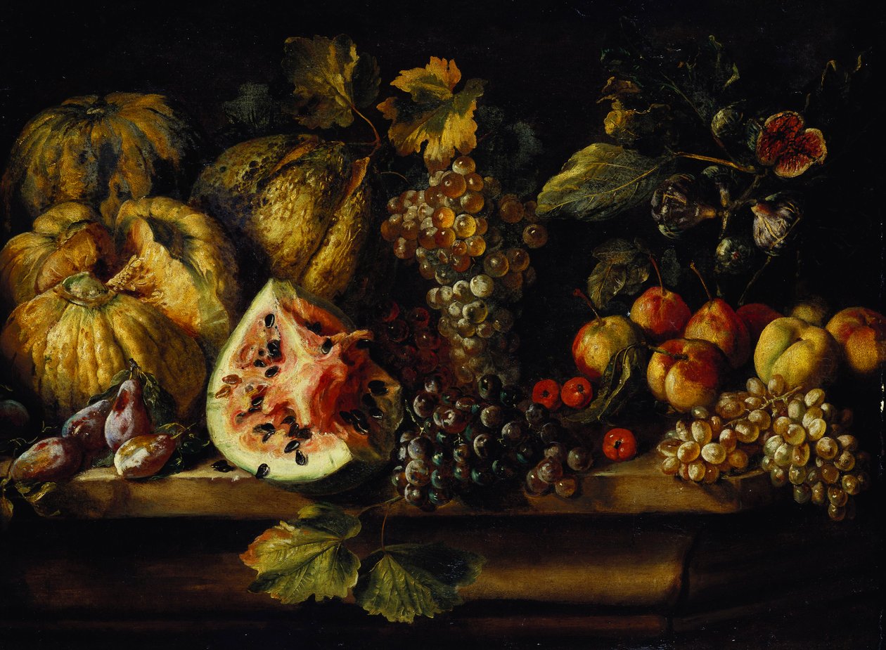 Görögdinnye, szőlő, szilva, őszibarack, cseresznye és más gyümölcs csendélete a párkányon alkotó: Abraham Brueghel