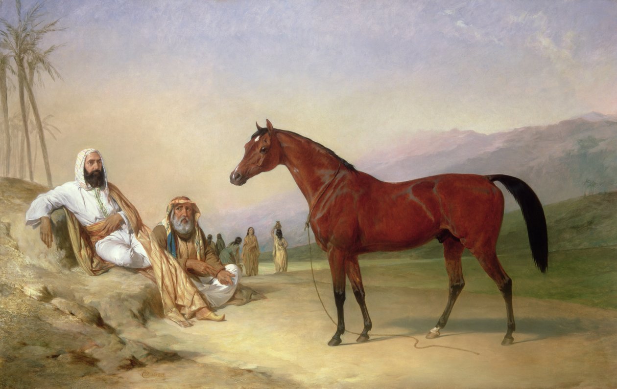 Két beduin egy öbölbeli arab ménnel a sivatagban alkotó: Abraham Cooper