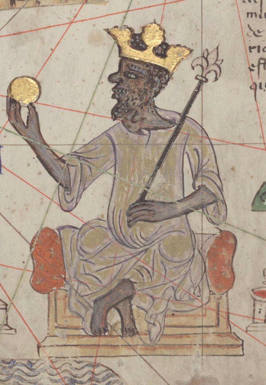 Részlet a Katalán Atlasz 6. lapjáról, amelyen Mansa Musa trónoló, 1375 alkotó: Abraham Cresques