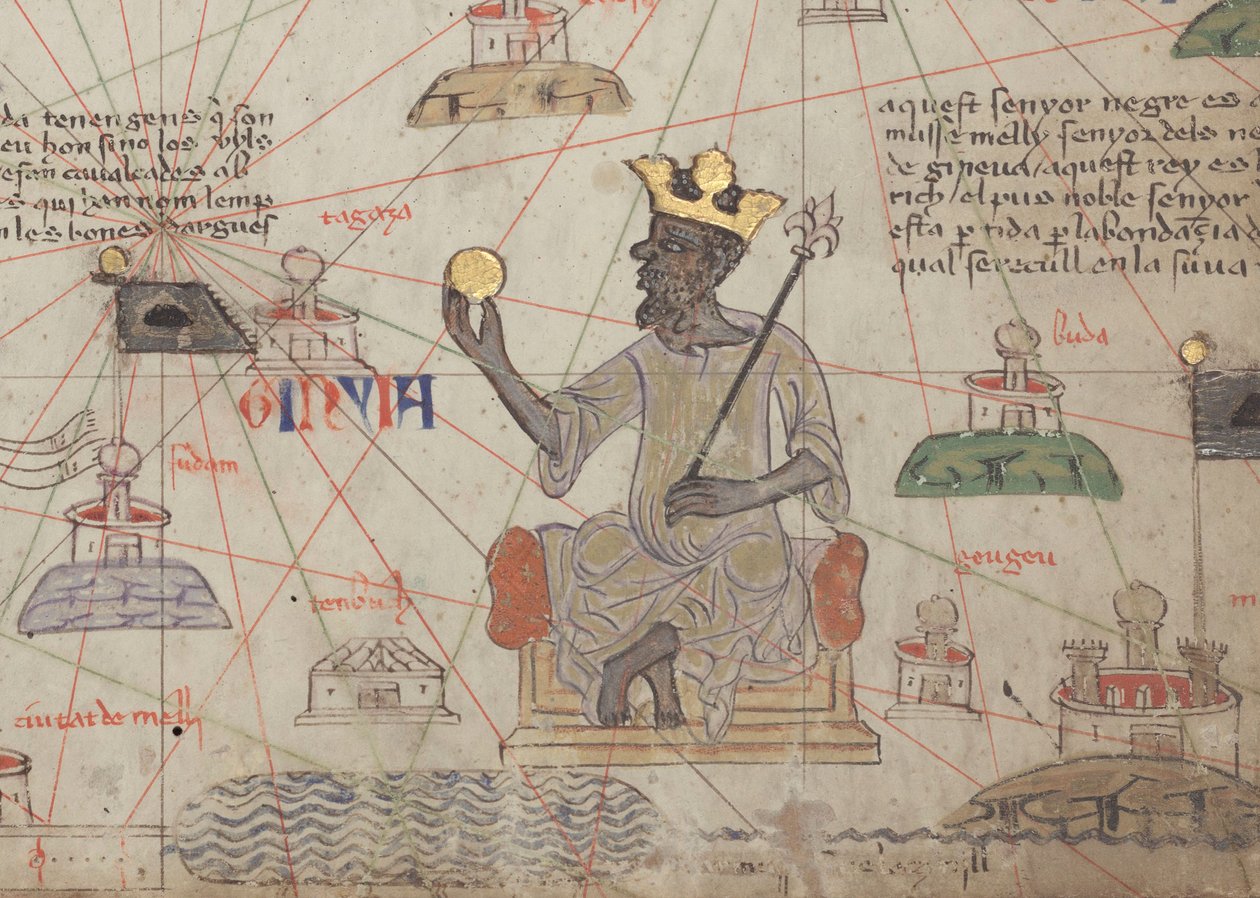 Részlet a Katalán Atlasz 6. lapjáról, amelyen Mansa Musa trónoló, 1375 alkotó: Abraham Cresques