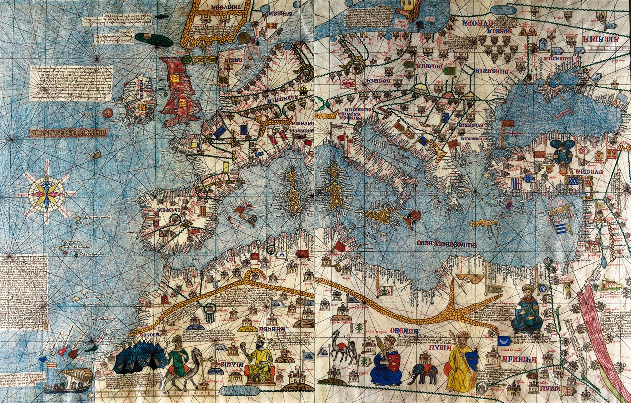 Az európai kontinens katalán térképe az Atlanti-óceánnal és a Földközi-tengerrel alkotó: Abraham and Cresques Jehuda Cresques