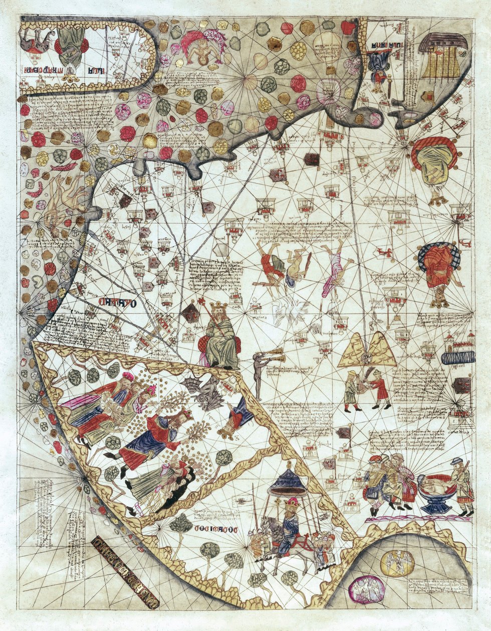 Kína térképe (Cathay), kis jelenetek leírásával, a birodalmak körülhatárolásával a szuverén minden alkalommal ábrázolva alkotó: Abraham and Cresques Jehuda Cresques