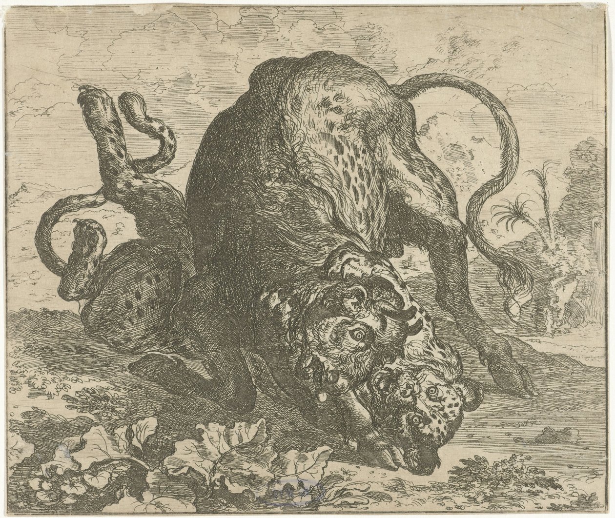 Leopárd és bika Különböző állatok (sorozat címe) alkotó: Abraham Danielsz. Hondius
