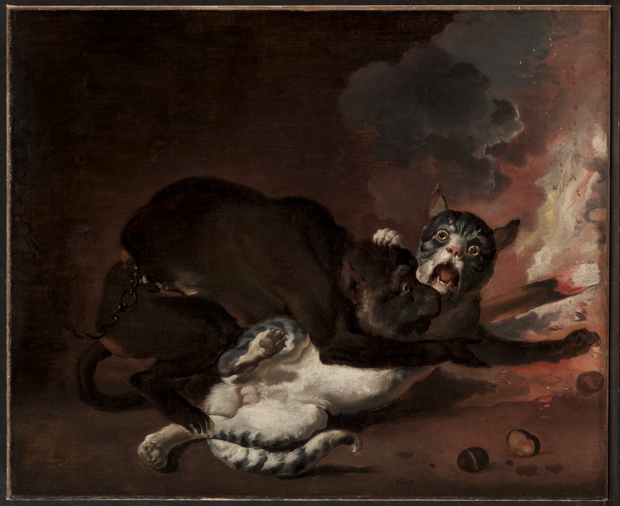 A majom és a macska, valószínűleg 1670-es évek (olaj, vászon) alkotó: Abraham Danielsz. Hondius