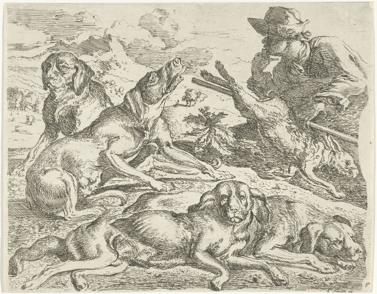 Négy kutya, egy vadász és egy nyúl alkotó: Abraham Danielsz. Hondius
