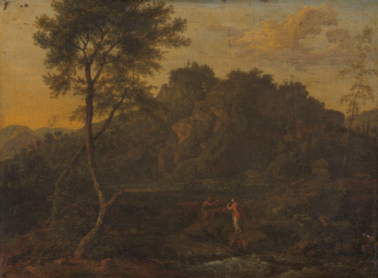 A nimfa és a pásztor zenél a tájon alkotó: Abraham Genoels (attributed to)