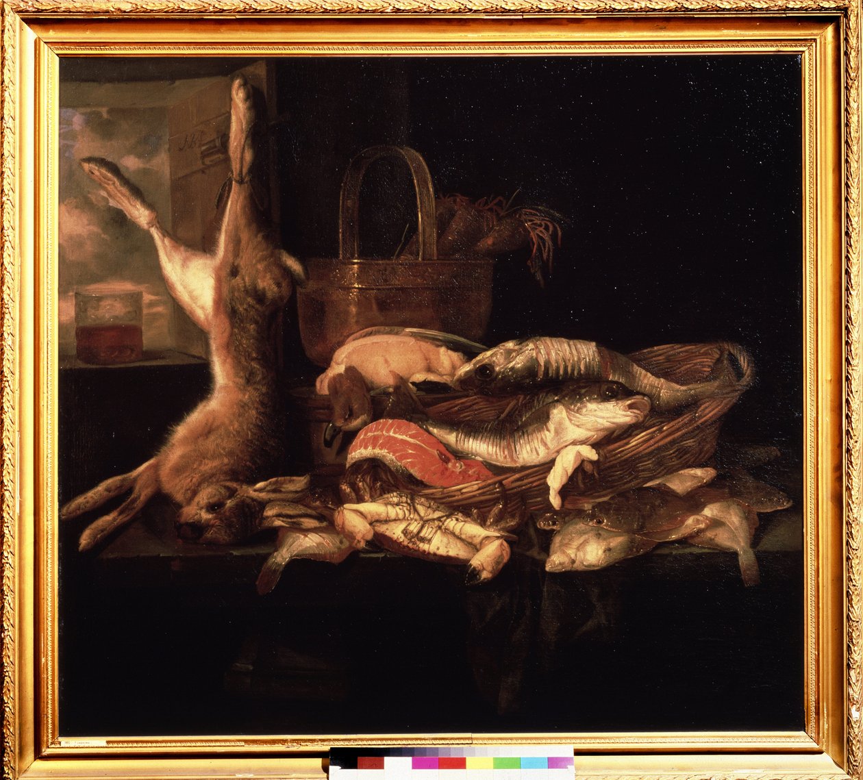 "Csendélet halakkal és egy döglött nyúllal" Abraham Hendricksz van Beyeren (1620/21-1690) festménye (ec. holl.) 17. századi Puskin Múzeum, Moszkva alkotó: Abraham Hendricksz van Beyeren