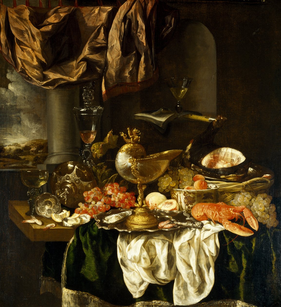 Csendélet tájjal, 1650-es évek alkotó: Abraham Hendricksz van Beyeren