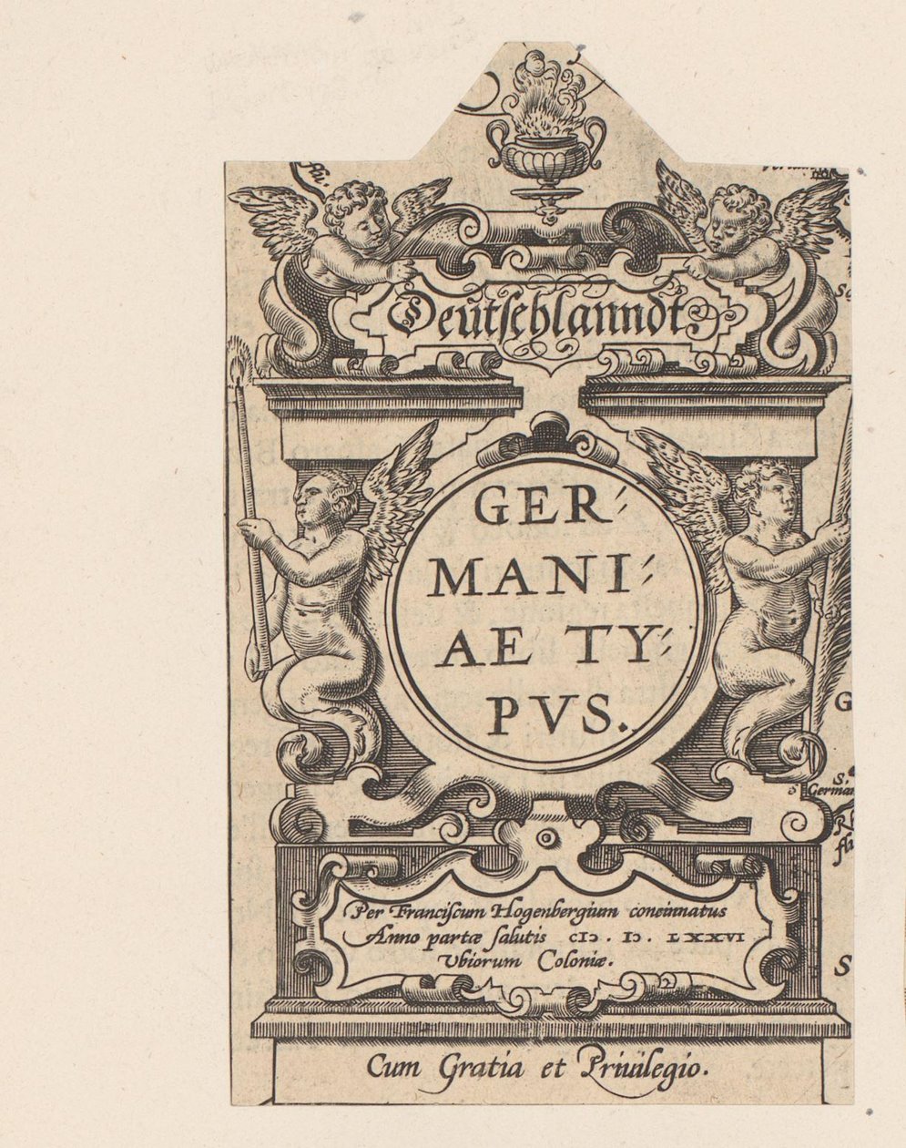 Cartouche találkozott vier puttival Cartouche van een kaart Duitsland Deutschland Németország típusa (cím az objektumon) Theatrum Orbis Terrarum (sorozat címe) alkotó: Abraham Hogenberg