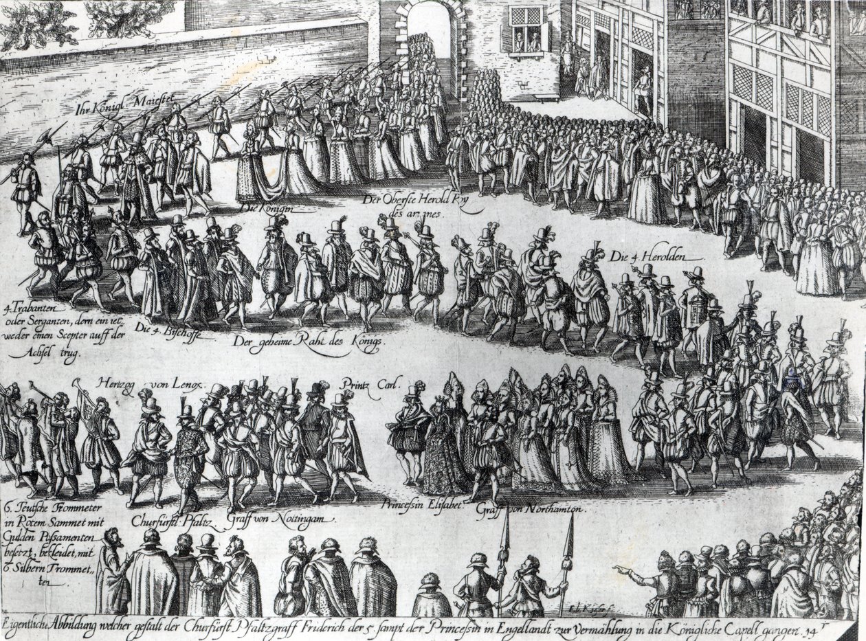 Felvonulás V. Frigyes nádor választófejedelem és Erzsébet hercegnő esküvőjére, 1613 körül alkotó: Abraham Hogenberg