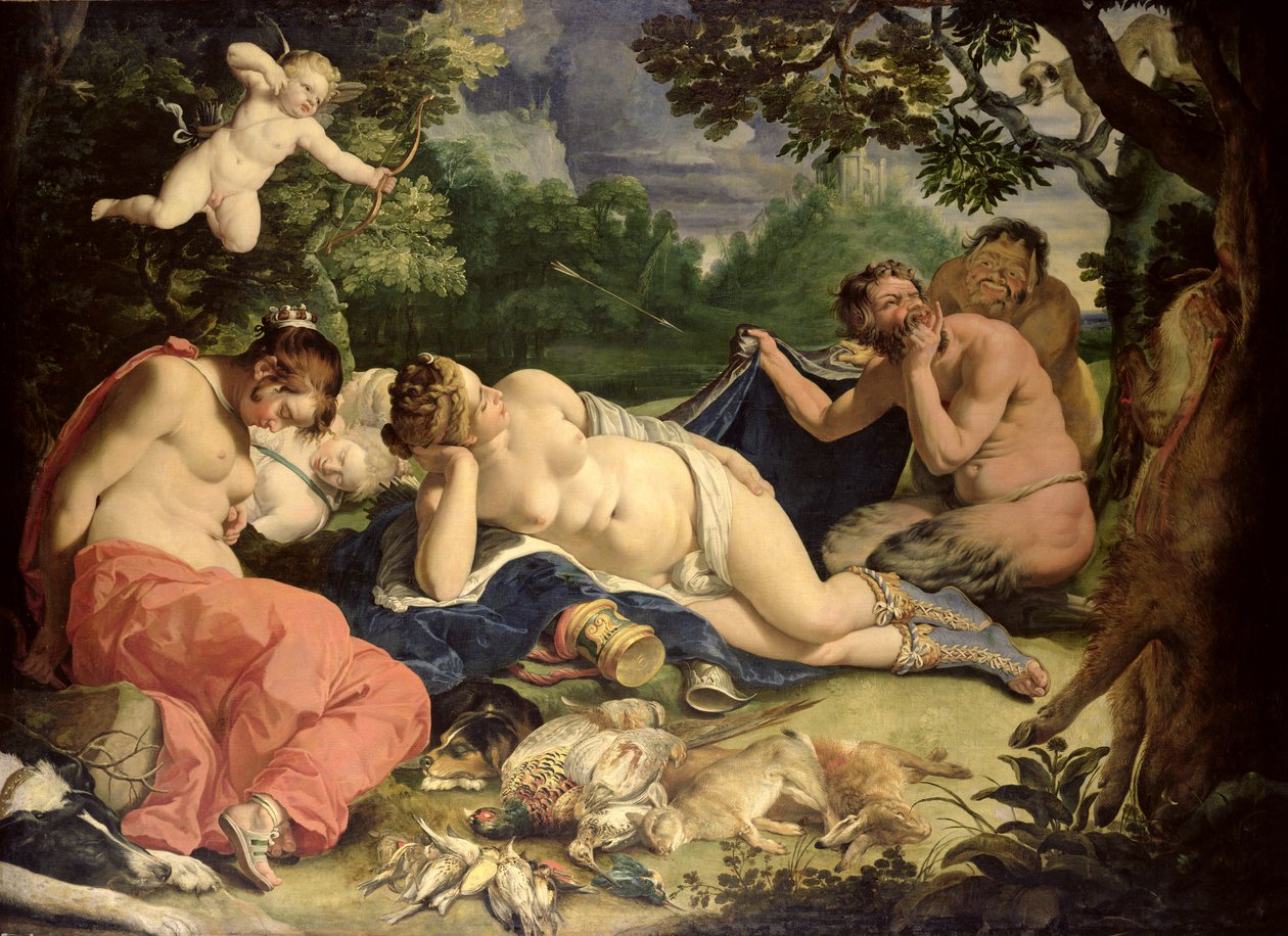 Diana és nimfák alszanak, Szatírok látogatták meg, 1620 alkotó: Abraham Janssens van Nuyssen