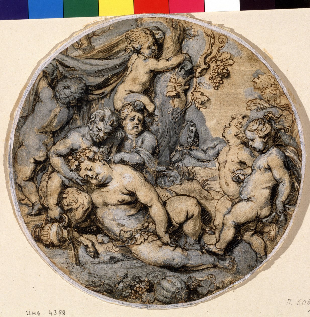 ""Bacchus endormi"" (Alvó bakchus) Putti, szatír veszi körül, Abraham Jansz van Diepenbeeck (1596-1675) tusrajza 17. századi Puskin Múzeum, Moszkva alkotó: Abraham Jansz. van Diepenbeeck