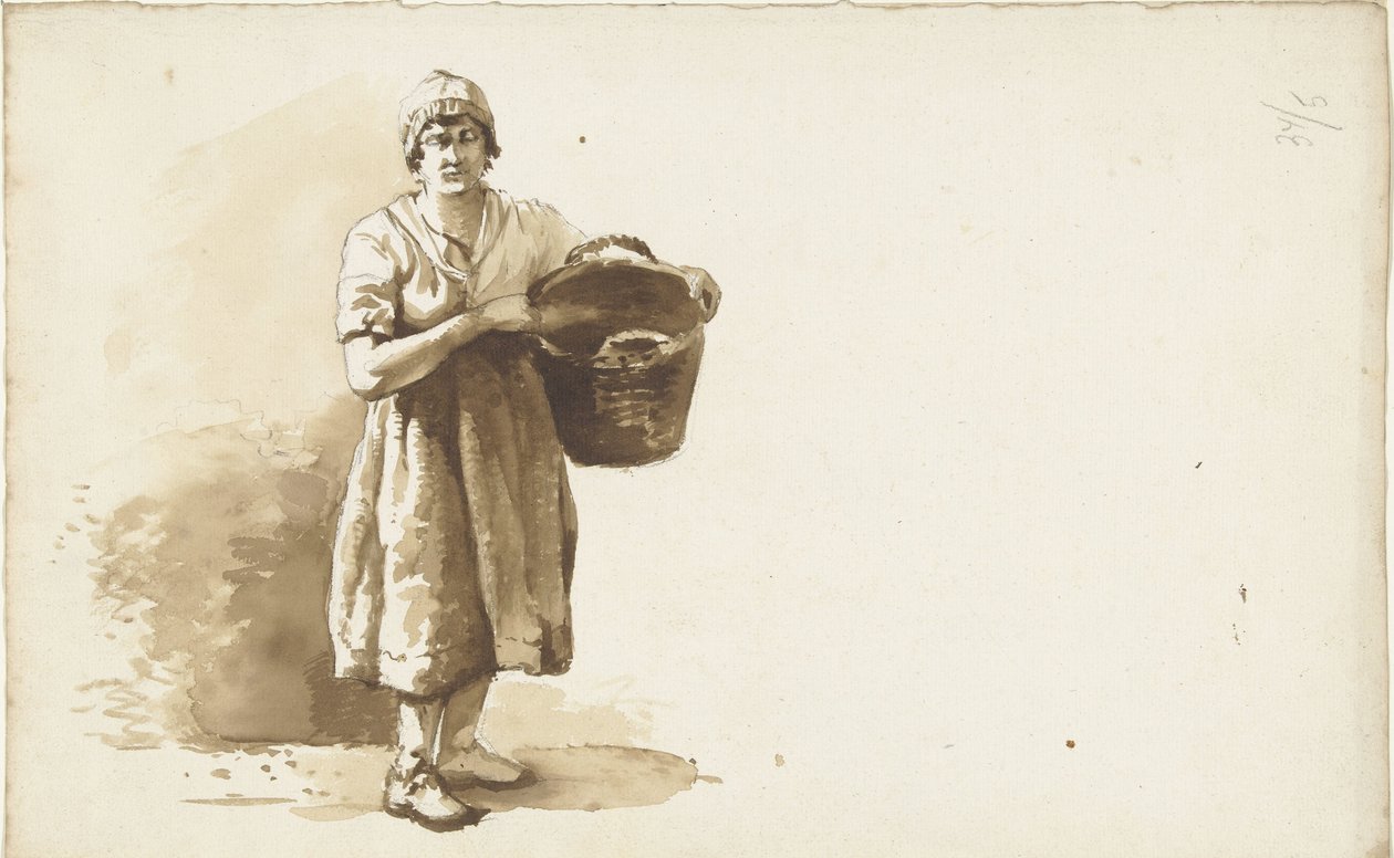 Tanulmány egy nőről egy kosárral a hóna alatt alkotó: Abraham Johannes Ruytenschildt